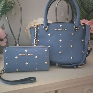 Michael Kors Blue Studded Handbag and Wallet Set